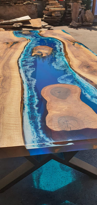 Handmade Epoxy Table, Custom 96” x 42” Walnut Ocean Blue, Turquoise White Waves Table, Epoxy River Dining Table, Custom Order for Richard W