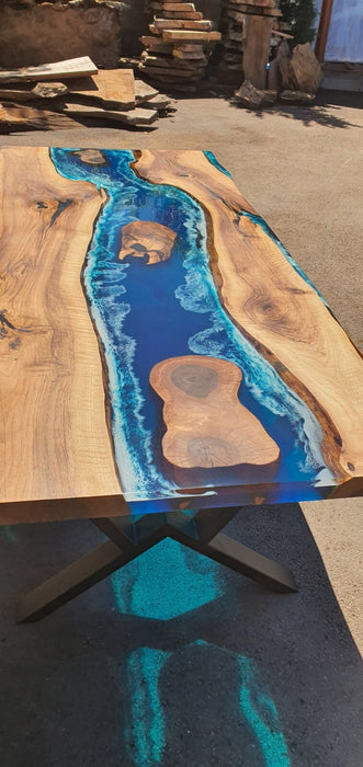 Handmade Epoxy Table, Custom 96” x 42” Walnut Ocean Blue, Turquoise White Waves Table, Epoxy River Dining Table, Custom Order for Richard W