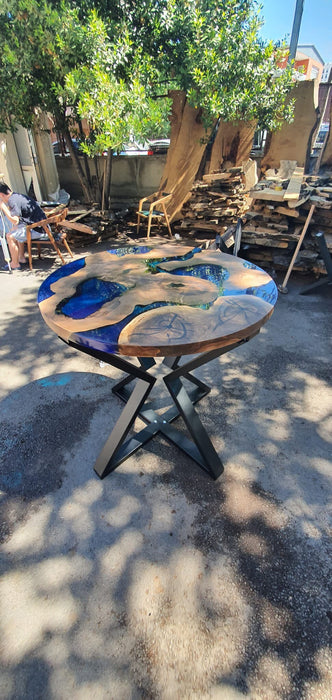 Round Dining Table, Custom 40” Diameter Round Walnut Wood Table, Blue Epoxy Dining Table, Live Edge Table, Custom Order for Kimberly B