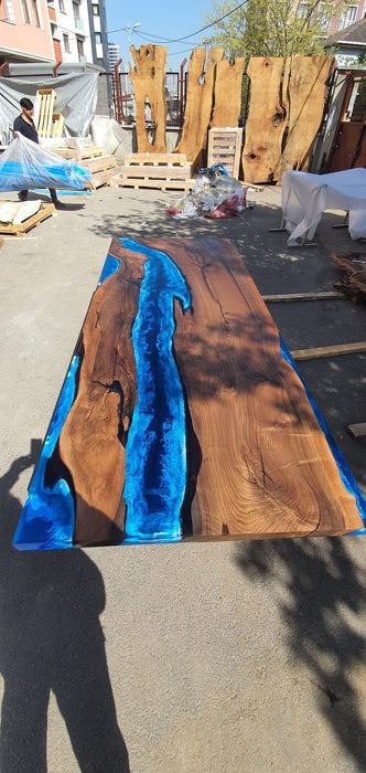 Live Edge Table, Custom 96” x 40” Walnut Ocean Blue, Turquoise Table, White Waves Epoxy Table, River Dining Table, Custom Order for Nate