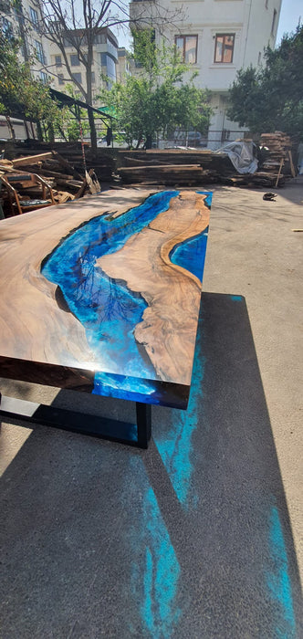 Live Edge Table, Custom 96” x 40” Walnut Ocean Blue, Turquoise Table, White Waves Epoxy Table, River Dining Table, Custom Order for Nate