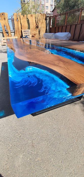 Live Edge Table, Custom 96” x 40” Walnut Ocean Blue, Turquoise Table, White Waves Epoxy Table, River Dining Table, Custom Order for Nate