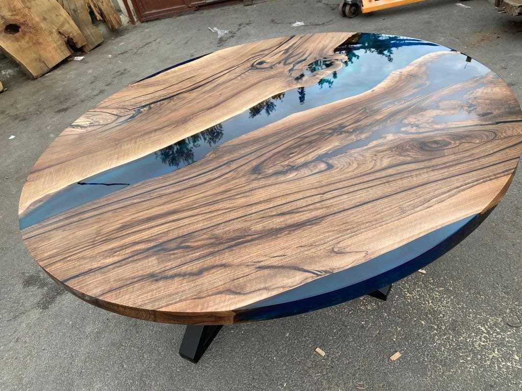 Round Dining Table, Custom 70” Diameter Round Walnut Wood Blue, Turquoise and Green Table, Epoxy Dining Table, Custom Order for Jesse M