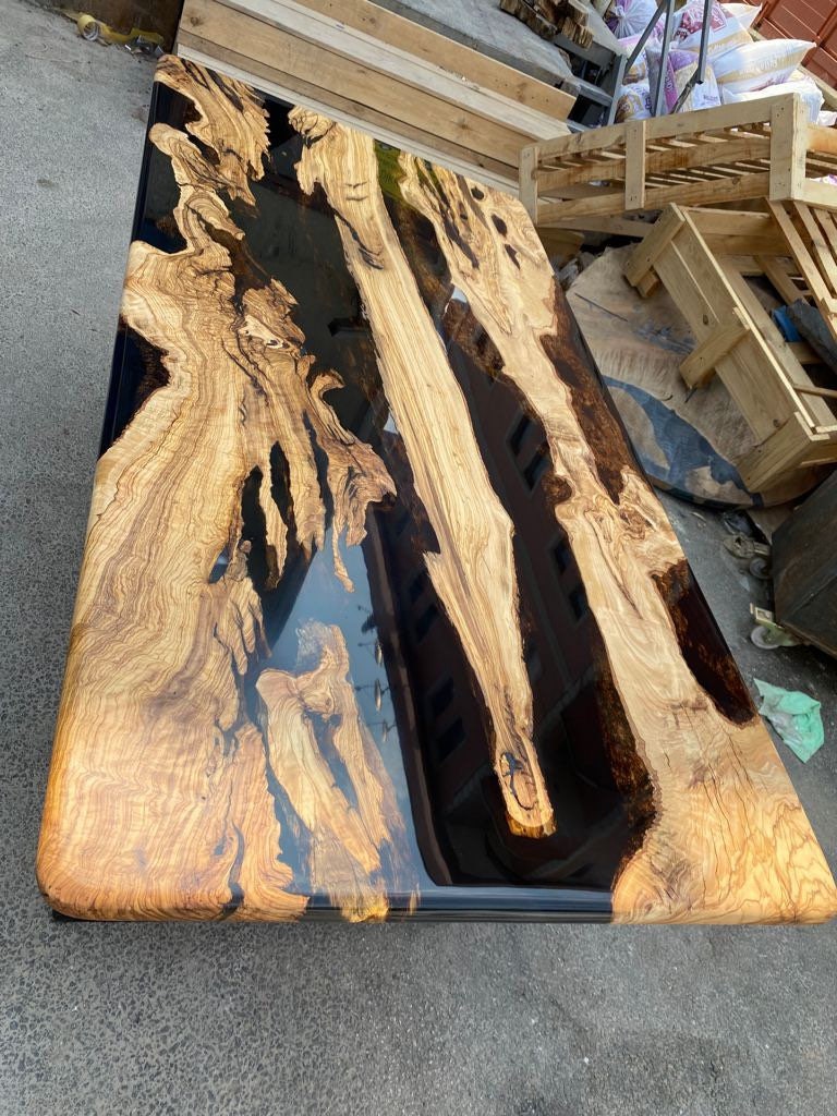 Olive Wood Epoxy Table, Olive Wood Table, Custom 72" x 36" Black Epoxy Table, River Table, Made to Order for Joe L