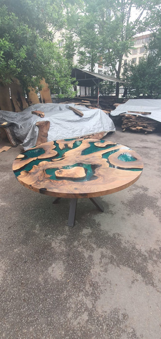 Handmade Round Table, Custom 60” Diameter Round Walnut Wood Table, Light Blue Table, Turquoise Epoxy Dining Table, Custom Order for Rebekah