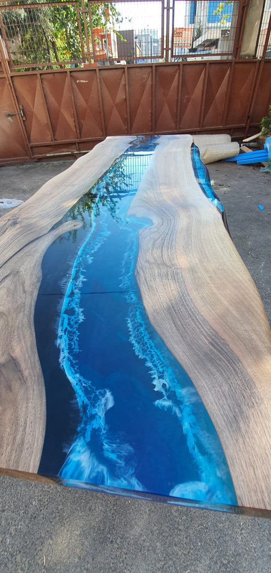 Live Edge Table, Custom 92” x 28” Walnut Wood Blue and White Table, Epoxy Table, River Table, Handmade Epoxy Table, Custom for Bernda