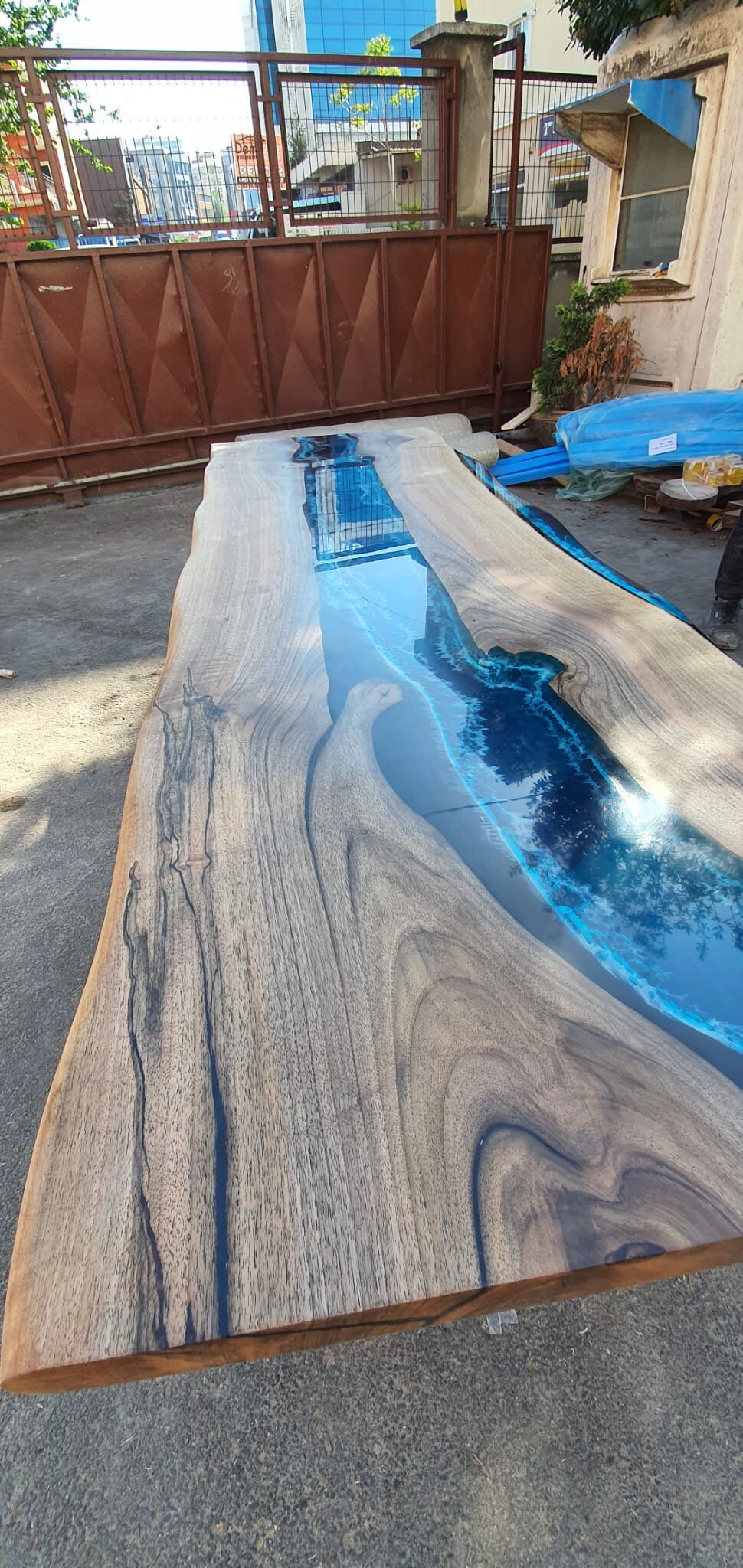 Live Edge Table, Custom 92” x 28” Walnut Wood Blue and White Table, Epoxy Table, River Table, Handmade Epoxy Table, Custom for Bernda