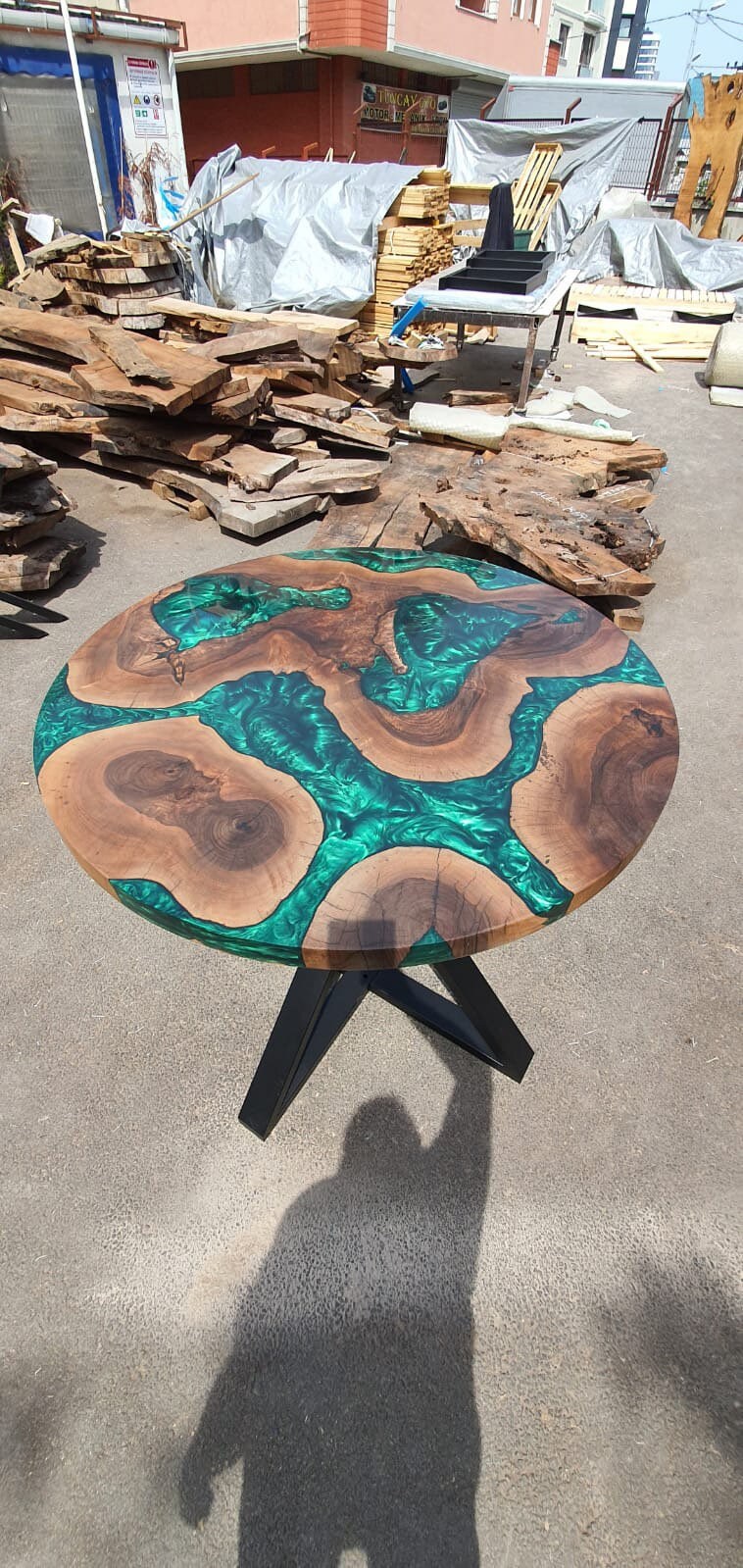 Round Dining Table, Live Edge Table, Custom 40” Diameter Round Walnut Wood Metallic Emerald Green Epoxy Dining Table, Order for Lisa Jeff