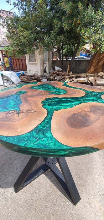 Round Dining Table, Live Edge Table, Custom 40” Diameter Round Walnut Wood Metallic Emerald Green Epoxy Dining Table, Order for Lisa Jeff