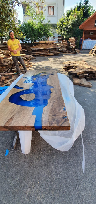 Epoxy Table, Epoxy Dining Table, Walnut Epoxy Table, River Dining Table, Custom 60” x 24” Walnut Blue Epoxy River Table Order for Jessica