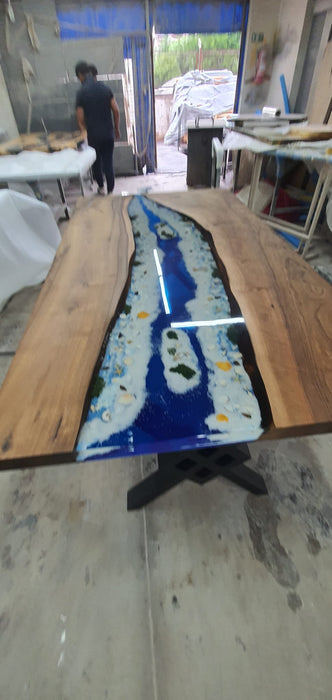 Ocean Table, Custom Epoxy Resin Dining Table, Custom 72” x 40” Walnut Wood Ocean Aquarium Theme Table, Epoxy River Table Order for Daniel M