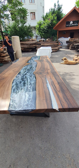 Epoxy Marble Table, Custom 96” x 42” Walnut Wood Gray Marble Affect Table,  Epoxy Table, Live Edge Table, Epoxy Resin Table, for Korrine