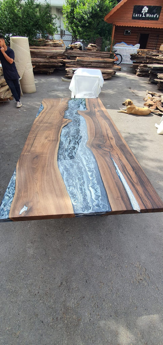 Epoxy Marble Table, Custom 96” x 42” Walnut Wood Gray Marble Affect Table,  Epoxy Table, Live Edge Table, Epoxy Resin Table, for Korrine