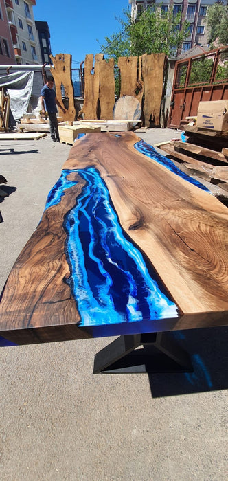 River Table, Custom 90” x 24” Walnut Ocean Blue, Turquoise White Waves Table, Epoxy River Table, Live Edge Table, Custom Order for Lisa Jeff