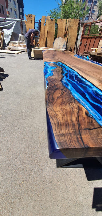 River Table, Custom 90” x 24” Walnut Ocean Blue, Turquoise White Waves Table, Epoxy River Table, Live Edge Table, Custom Order for Lisa Jeff