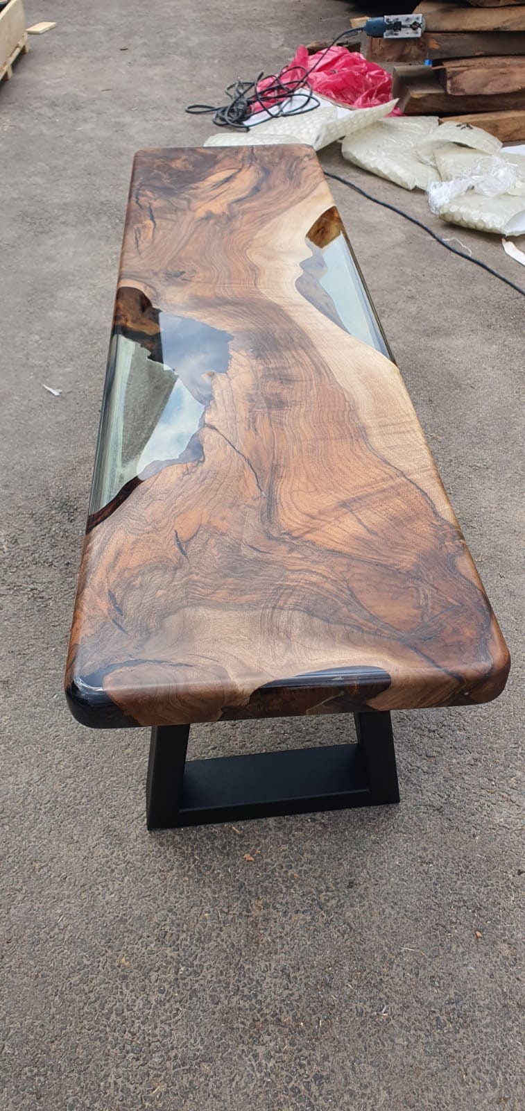 Live Edge Table, River Table, Epoxy Resin Table, Custom 62” x 17” Walnut Smokey Gray Table, Epoxy Dining Bench, Custom Order for Debra