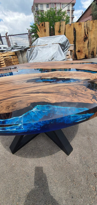 Round Dining Table, Walnut Dining Table, Custom 48” Diameter Round Walnut Table, Wood Blue Epoxy Dining Table, Order for Lindsey Cha