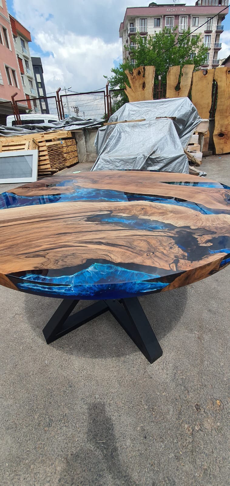 Round Dining Table, Custom 48” Diameter Round Walnut Wood Blue, Turquoise, White Waves Table,  Epoxy Dining Table, Order for Lindsey Cha