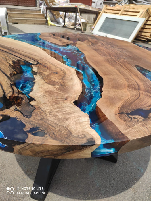 Round Dining Table, Custom 48” Diameter Round Walnut Wood Blue, Turquoise, White Waves Table,  Epoxy Dining Table, Order for Lindsey Cha
