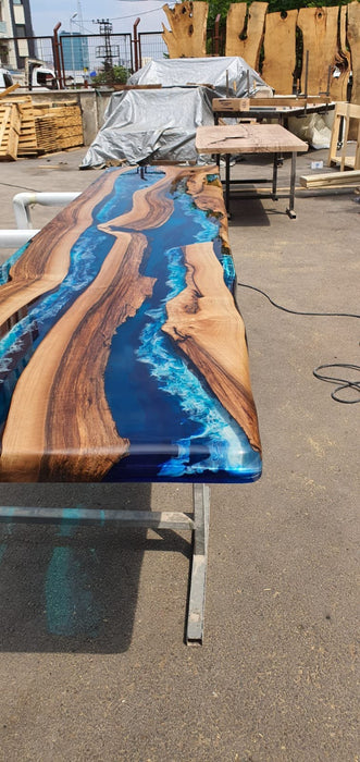 Epoxy Resin Table, Custom 123” x 25.5” Walnut Ocean Blue, Turquoise White Waves Table, Epoxy River Table, Custom Order for Cody
