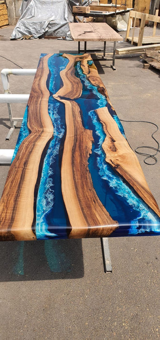 Epoxy Resin Table, Custom 123” x 25.5” Walnut Ocean Blue, Turquoise White Waves Table, Epoxy River Table, Custom Order for Cody