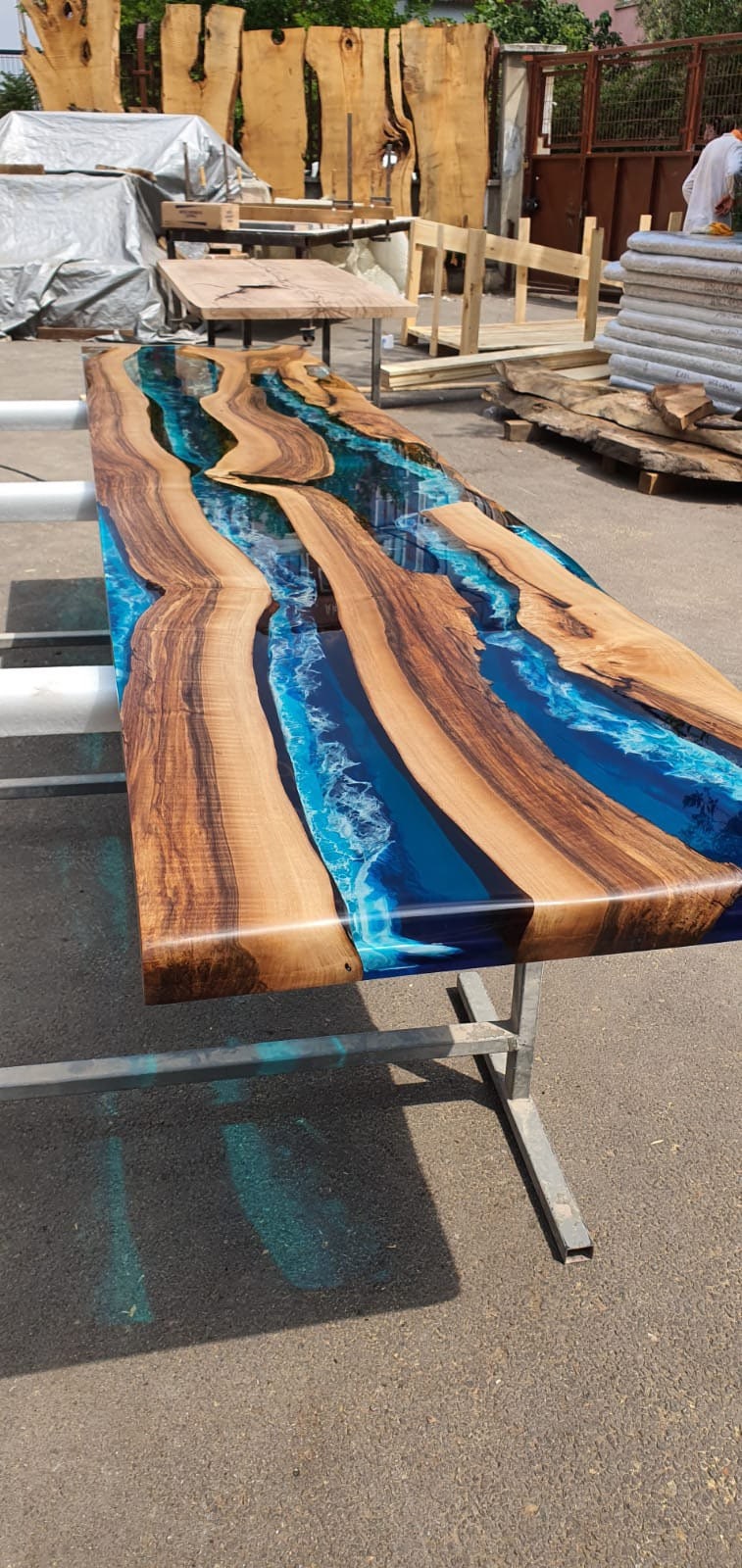 Epoxy Resin Table, Custom 123” x 25.5” Walnut Ocean Blue, Turquoise White Waves Table, Epoxy River Table, Custom Order for Cody