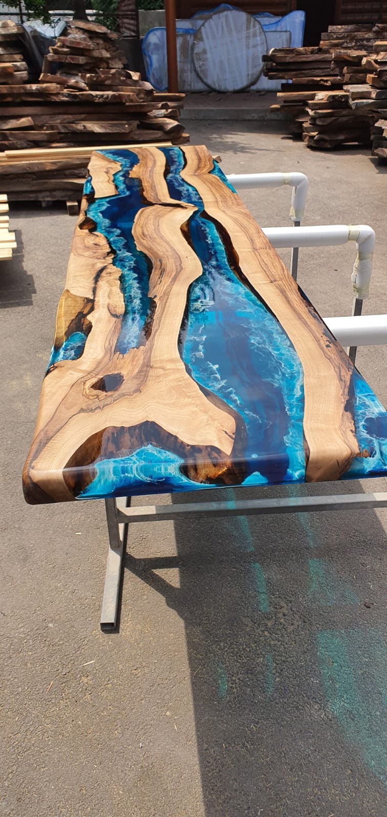 Epoxy Resin Table, Custom 123” x 25.5” Walnut Ocean Blue, Turquoise White Waves Table, Epoxy River Table, Custom Order for Cody