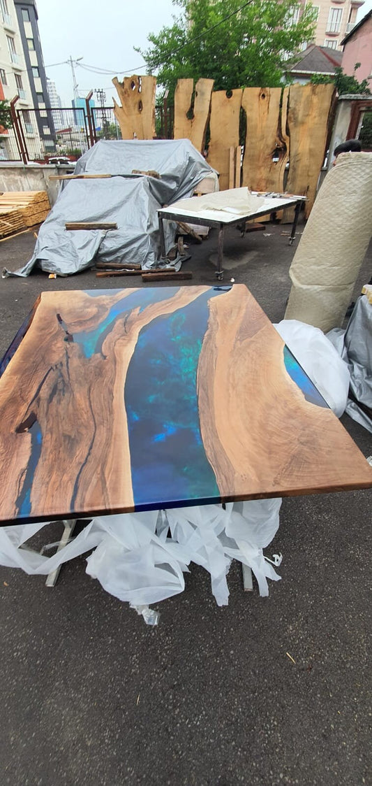 Walnut Dining Table, Custom 72” x 60” Walnut Blue, Turquoise, Green Epoxy Table, Epoxy Dining Table, Live Edge Table, for Christopher G