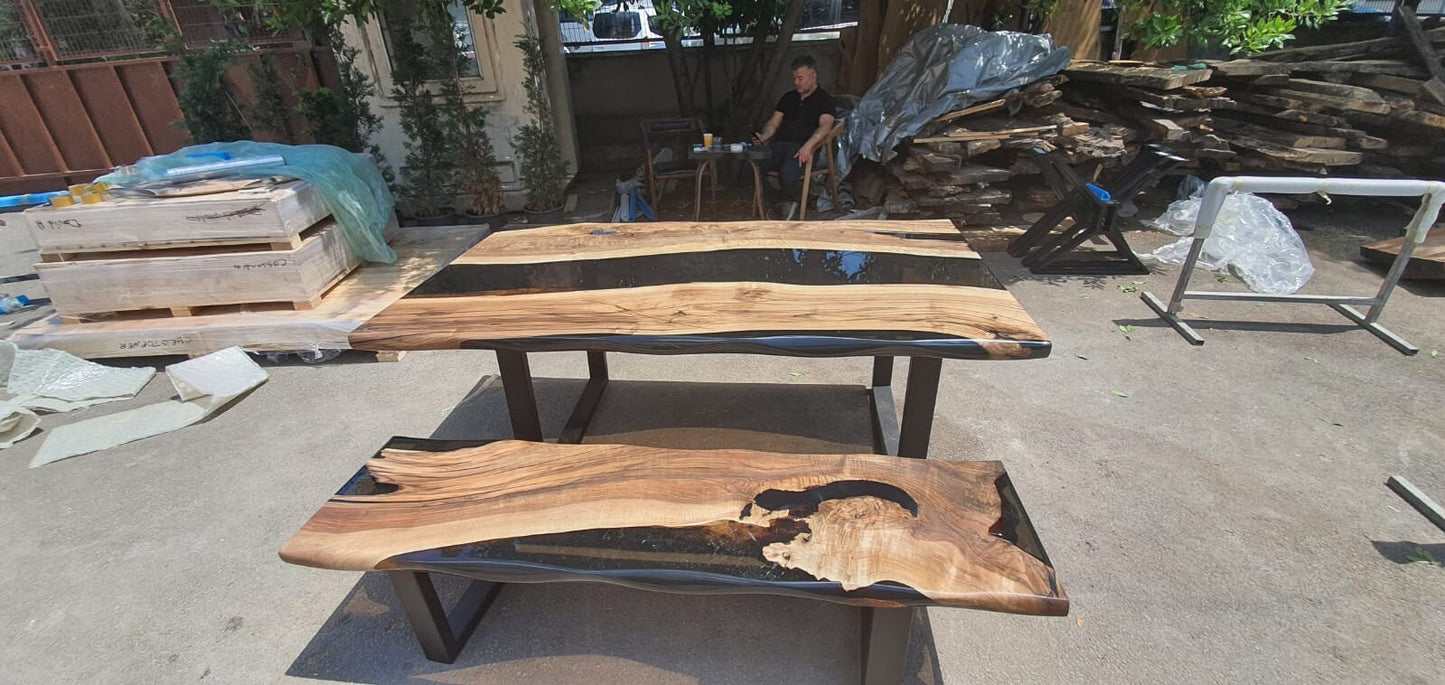 Custom 72” x 40" Walnut Black Epoxy River Table and Bench Order for Lisa T