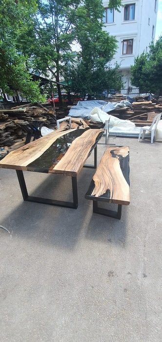 Custom 72” x 40" Walnut Black Epoxy River Table and Bench Order for Lisa T