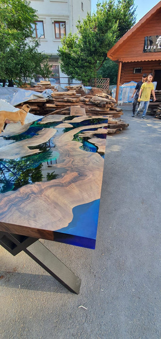 Walnut Dining Table, River Table, Custom 78” x 36” Walnut Blue, Turquoise, Green Epoxy Dining Table, Live Edge Table, Custom for Jason Ca