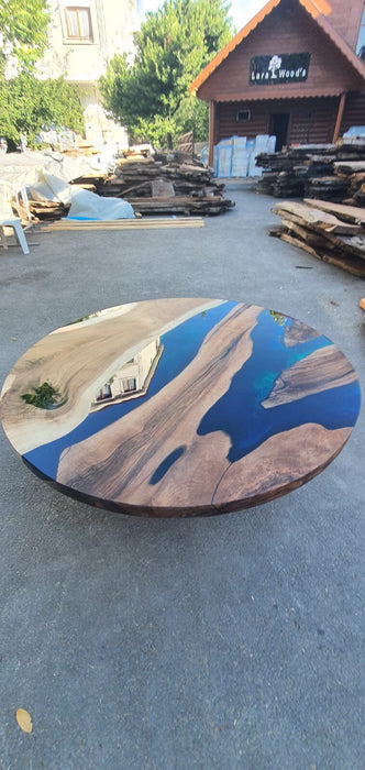 Epoxy Coffee Table, Epoxy Coffee Table, Custom 48” Diameter Round Walnut Wood Blue Epoxy Table Order for TJS