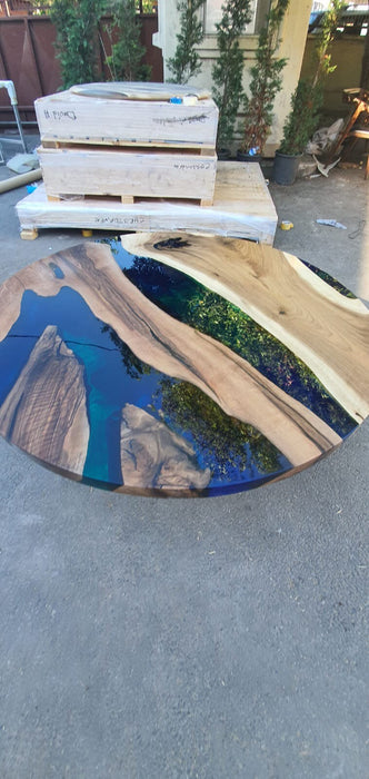 Epoxy Coffee Table, Epoxy Coffee Table, Custom 48” Diameter Round Walnut Wood Blue Epoxy Table Order for TJS