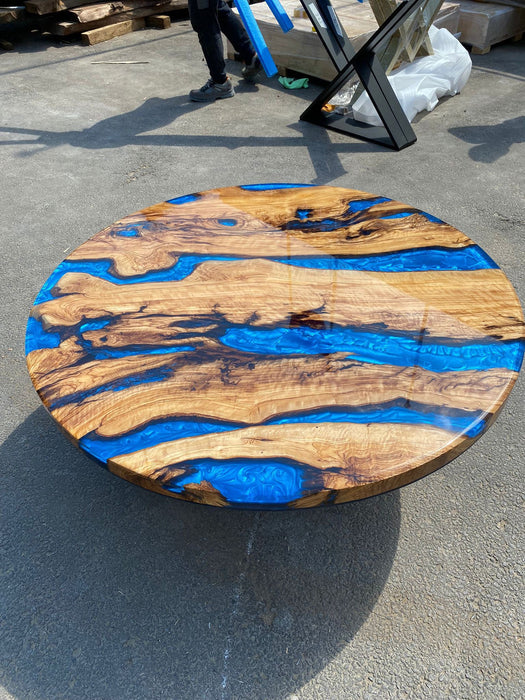Round Dining Table, Custom 44” Diameter Round Olive Wood Shiny Table, Ocean Blue with Waves Table, Epoxy Dining Table, Order for Jonathan