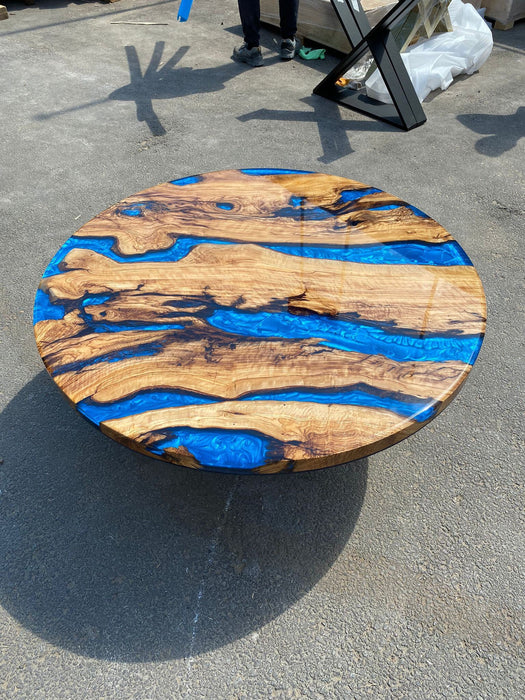 Round Dining Table, Custom 44” Diameter Round Olive Wood Shiny Table, Ocean Blue with Waves Table, Epoxy Dining Table, Order for Jonathan