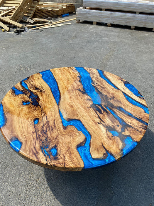 Round Dining Table, Custom 44” Diameter Round Olive Wood Shiny Table, Ocean Blue with Waves Table, Epoxy Dining Table, Order for Jonathan