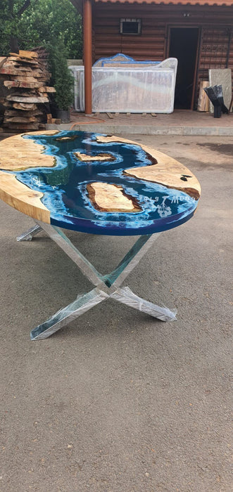 Poplar Table, Live Edge Table, Custom 90” x 45” Poplar Ocean Deep Blue with Ocean Wawes Table, Epoxy River Oval Table Order for Matt