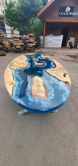 Poplar Table, Live Edge Table, Custom 90” x 45” Poplar Ocean Deep Blue with Ocean Wawes Table, Epoxy River Oval Table Order for Matt