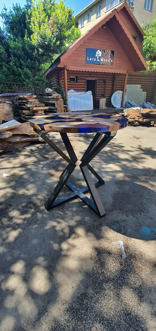 Round Dining Table, Custom 40” Diameter Round Walnut Wood Table, Blue Epoxy Dining Table, Live Edge Table, Custom Order for Kimberly B