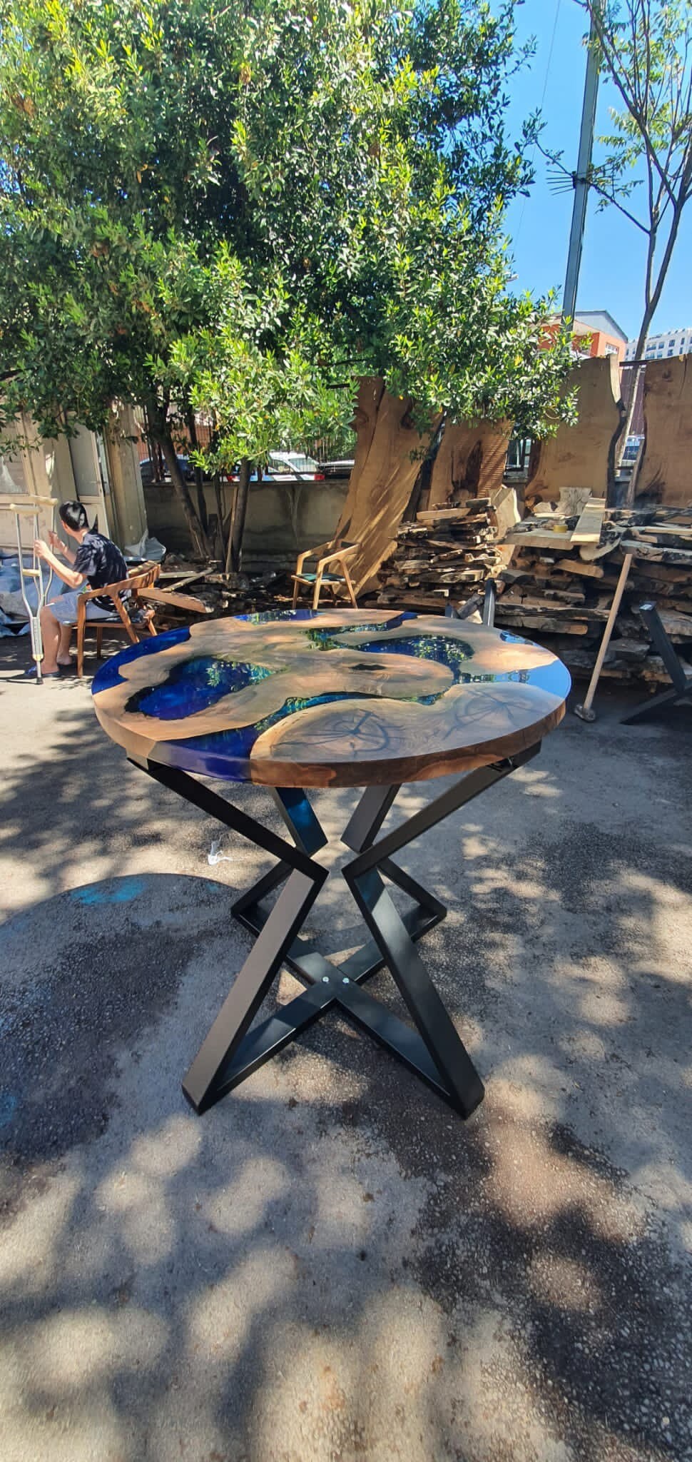 Round Dining Table, Custom 40” Diameter Round Walnut Wood Table, Blue Epoxy Dining Table, Live Edge Table, Custom Order for Kimberly B