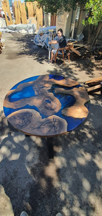 Round Dining Table, Custom 40” Diameter Round Walnut Wood Table, Blue Epoxy Dining Table, Live Edge Table, Custom Order for Kimberly B