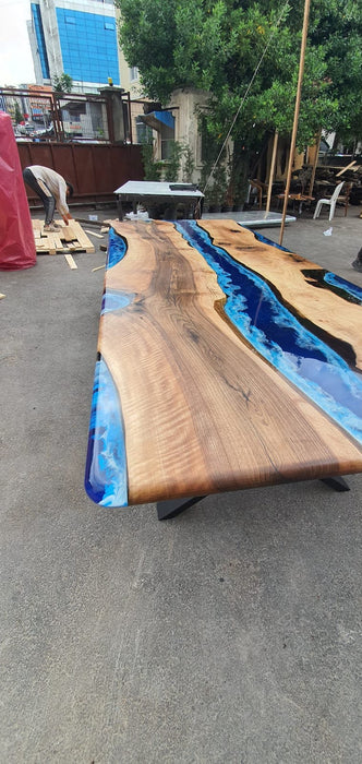 Handmade Epoxy Table, Live Edge Table, Custom 108” x 42” Walnut Ocean and Royal Blue, Turquoise White Waves Epoxy Table, Order for Mary M1