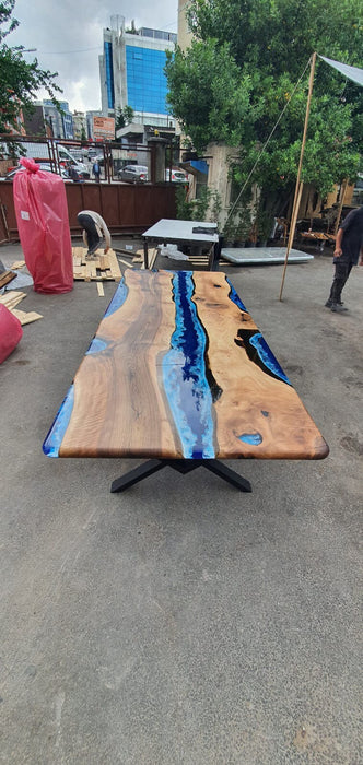 Handmade Epoxy Table, Live Edge Table, Custom 108” x 42” Walnut Ocean and Royal Blue, Turquoise White Waves Epoxy Table, Order for Mary M1