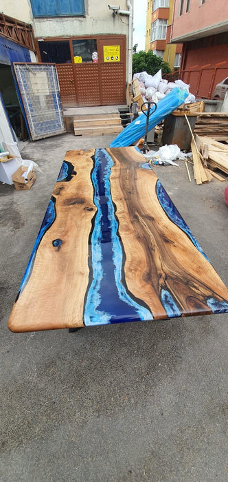 Handmade Epoxy Table, Live Edge Table, Custom 108” x 42” Walnut Ocean and Royal Blue, Turquoise White Waves Epoxy Table, Order for Mary M1