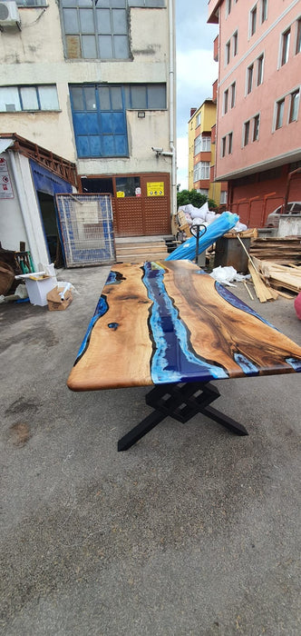 Handmade Epoxy Table, Live Edge Table, Custom 108” x 42” Walnut Ocean and Royal Blue, Turquoise White Waves Epoxy Table, Order for Mary M1