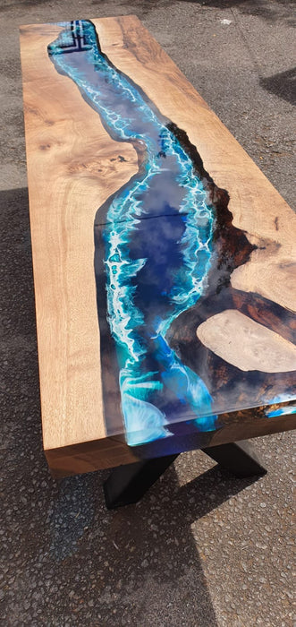 Live Edge Table, Custom 60” x 14” Walnut Ocean Blue, Turquoise Table, White Waves Epoxy Console Table, River Table, Custom Order for Kristen