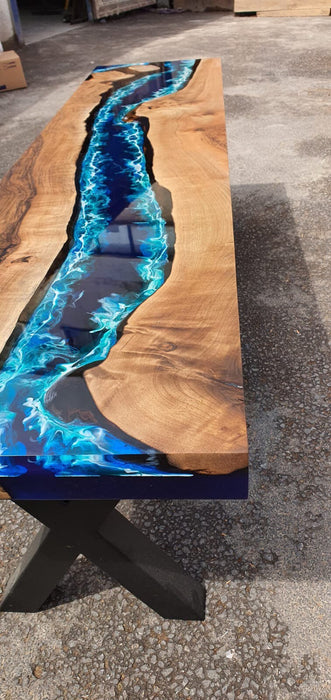 Live Edge Table, Custom 60” x 14” Walnut Ocean Blue, Turquoise Table, White Waves Epoxy Console Table, River Table, Custom Order for Kristen
