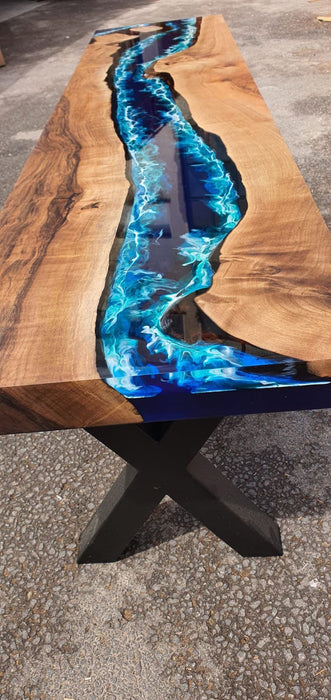 Live Edge Table, Custom 60” x 14” Walnut Ocean Blue, Turquoise Table, White Waves Epoxy Console Table, River Table, Custom Order for Kristen