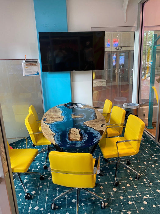 Poplar Table, Live Edge Table, Custom 90” x 45” Poplar Ocean Deep Blue with Ocean Wawes Table, Epoxy River Oval Table Order for Matt
