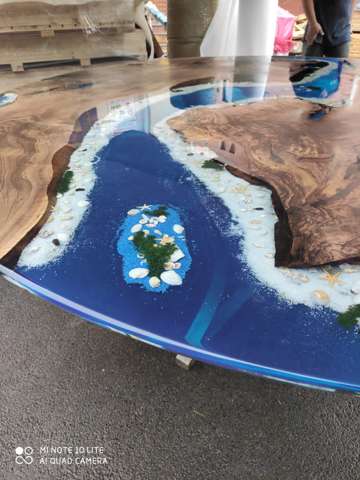 Round Dining Table, Custom 90” Diameter Round Table, Walnut Wood Ocean Aquarium Theme Table, Epoxy River Table, Custom Order for Kimberly S